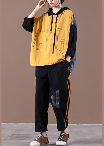 Yellow Loose Denim Stitching Suit