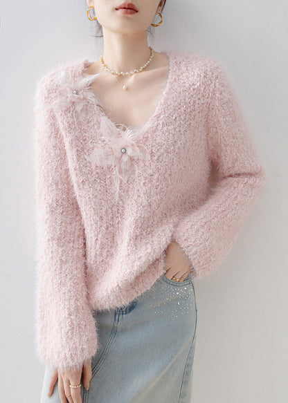 French Pink V Neck Knit Sweater Tops Spring
