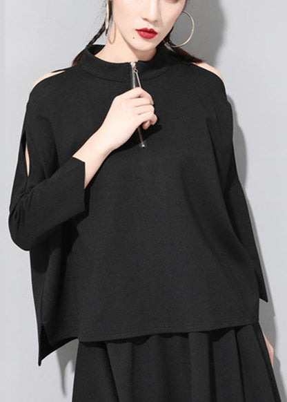 Loose Black Stand Collar Patchwork Zippered Fall Three Quarter Sleeve Top