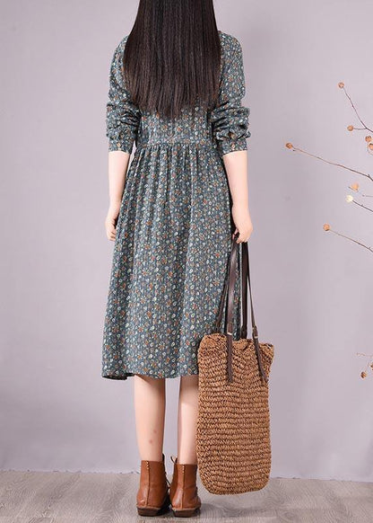 Vivid Green Print Dresses Lapel Drawstring a Line Spring Dress