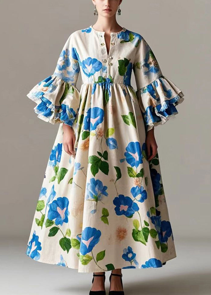 Beige Print Cotton a Line Dress Flare Sleeve Spring