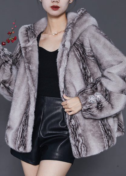 Grey Hooded Pockets Mink Velvet Coats Winter