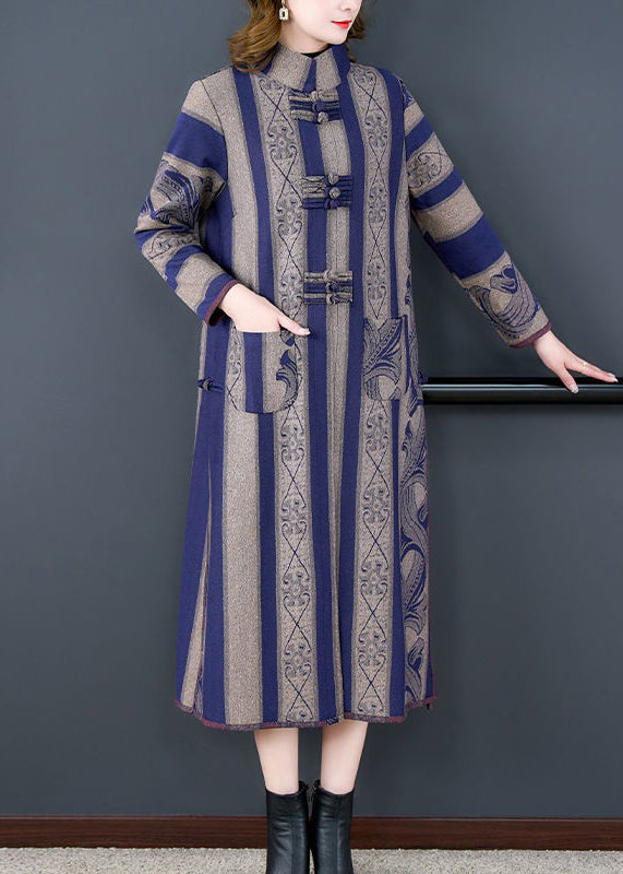Grey Striped Side Open Button Patchwork Woolen Coats Fall