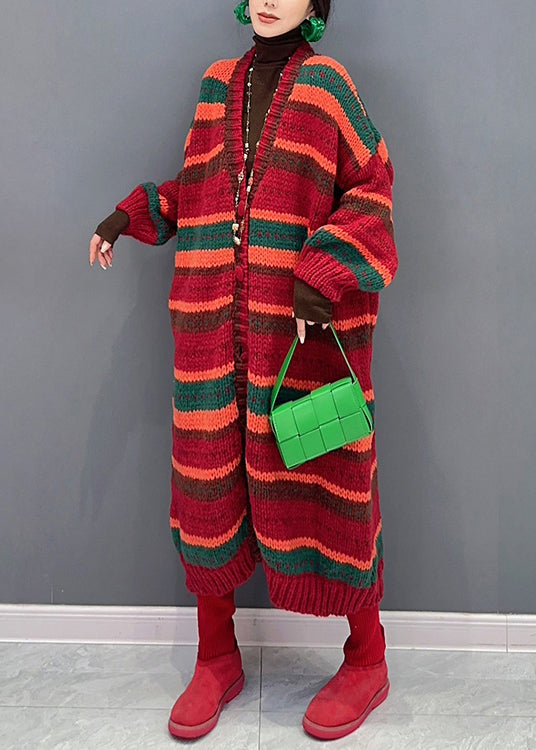 Red Striped V Neck Button Patchwork Knit Coat Fall
