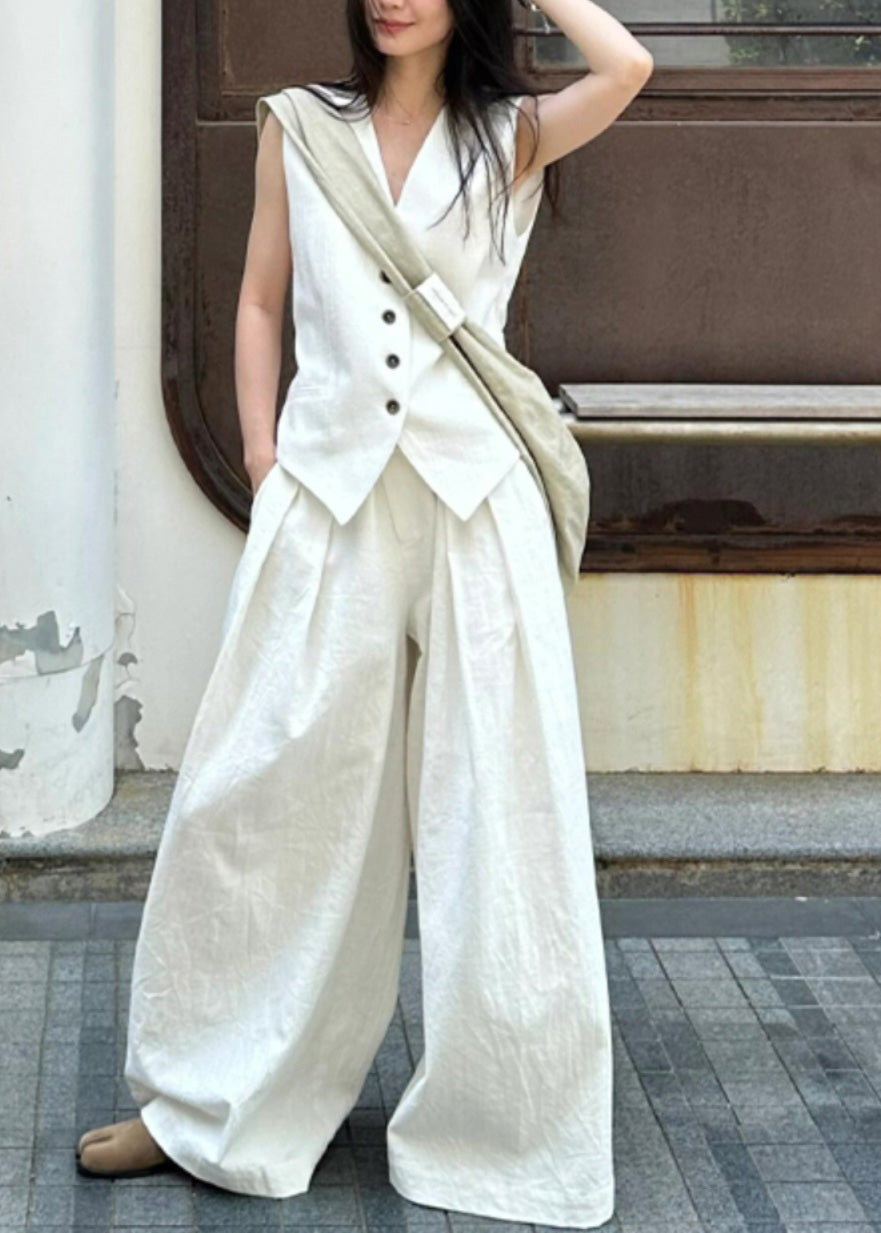 Vogue White V Neck Button Linen Waistcoat and Wide Leg Pants Two Piece Set Summer