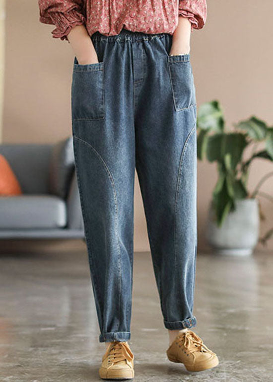Style Blue Elastic Waist Pockets Cotton Denim Harem Pants Spring