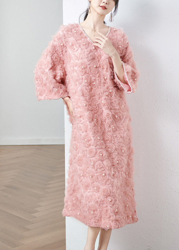 Stylish Pink V Neck Nail Bead Patchwork Tulle Dresses Fall