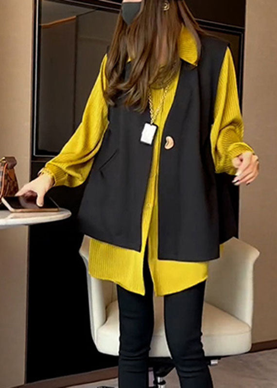 Natural V Neck Black Waistcoat and Yellow Shirts Two Pieces Set Fall