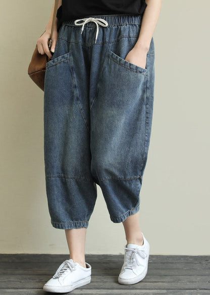 French Light Blue Pockets Elastic Waist Cotton Denim Pants Spring