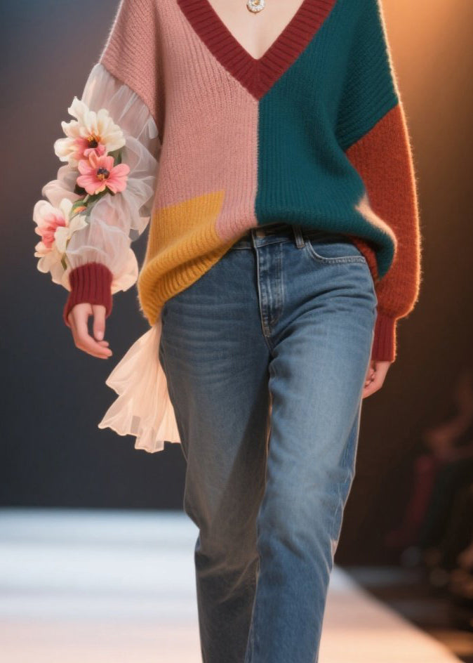 Colorblock V Neck Knit Short Sweater Fall