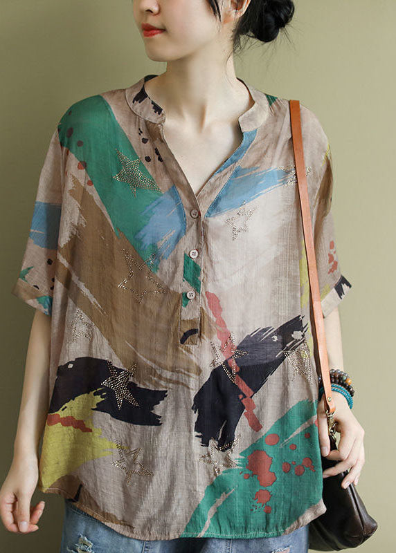 Colorblock V Neck Print Patchwork Cotton Shirts Top Summer