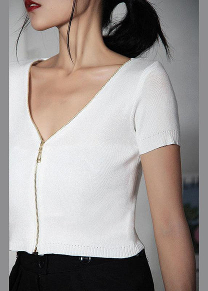 Modern White Zippered V Neck Shirt Tops Summer