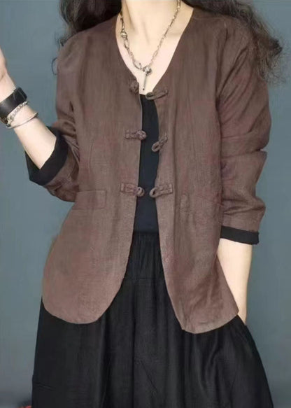 Rose Oriental Button Pockets Linen Coats Spring