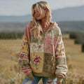 Comstylish Women's Vintage Floral Patchwork Zipper Casual Hooded