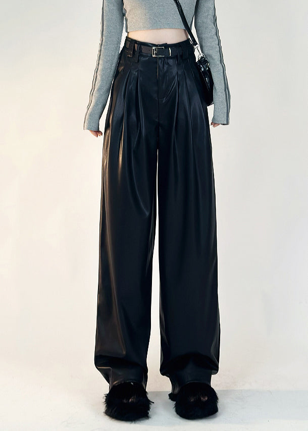 Boutique Black Pockets Warm Fleece Faux Leather Pants