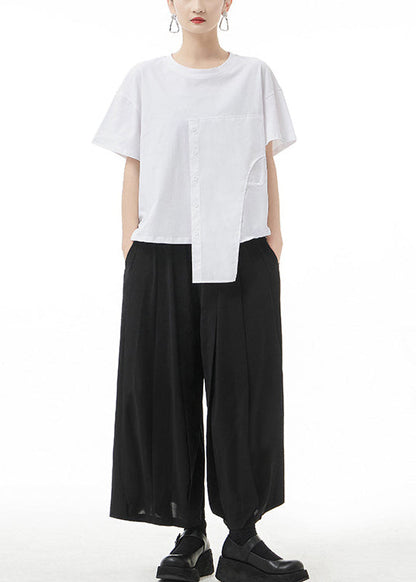 Stylish Black Button O-neck Patchwork Tank Short Sleeve
