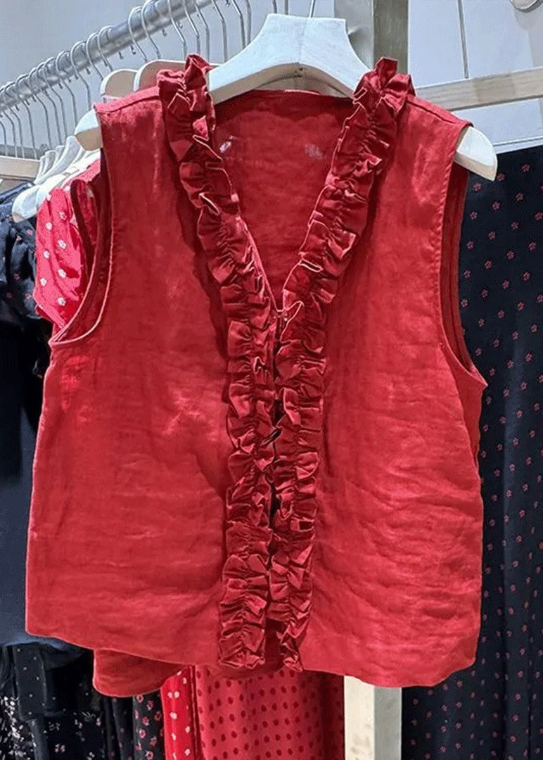 Simple Red V Neck Ruffled Cotton Blouse Top Sleeveless Fall