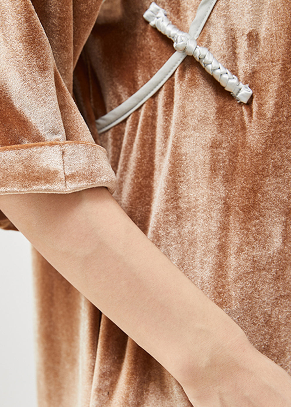 Khaki Mandarin Collar Chinese Button Silk Velour Shirt Top Half Sleeve