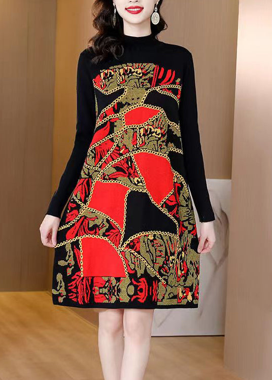 Red Print Patchwork Cotton Knit Mid Dress Winter
