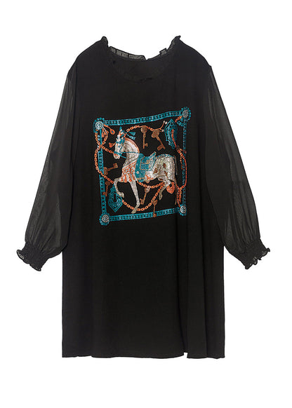 Black Ruffled Print Chiffon Holiday Dress Spring
