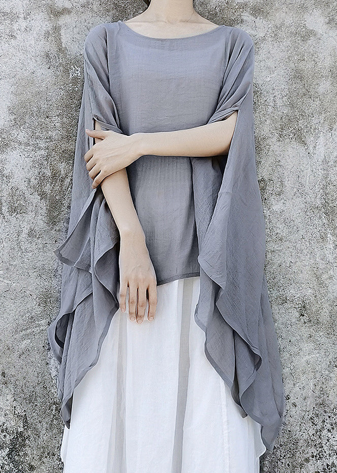 Simple Grey Asymmetrical Design Linen Tops Batwing Sleeve