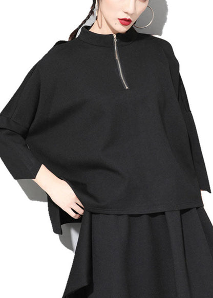 Loose Black Stand Collar Patchwork Zippered Fall Three Quarter Sleeve Top