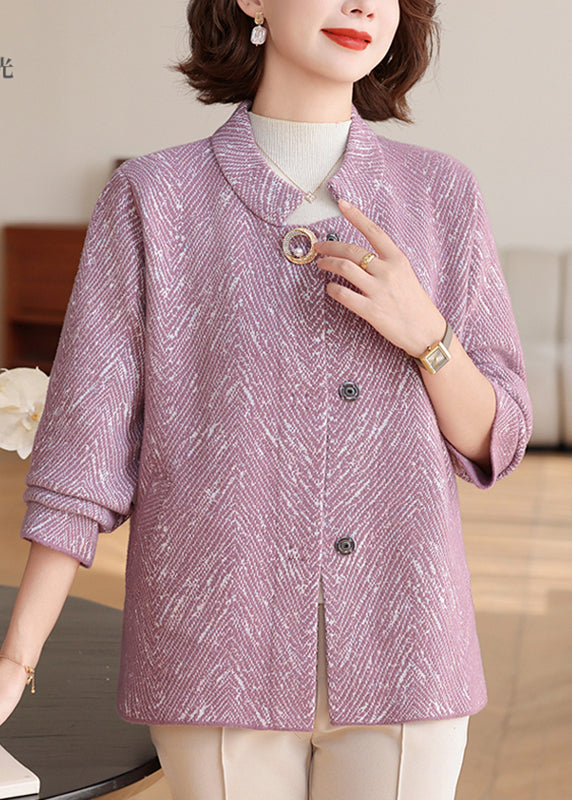 New Purple O-neck Patchwork Knit Cardigan Fall