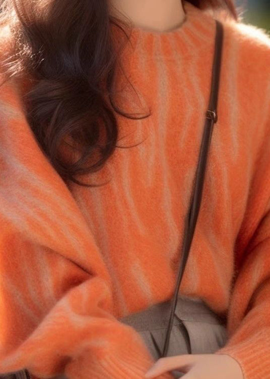 Orange O Neck Cozy Cotton Knit Sweaters Long Sleeve