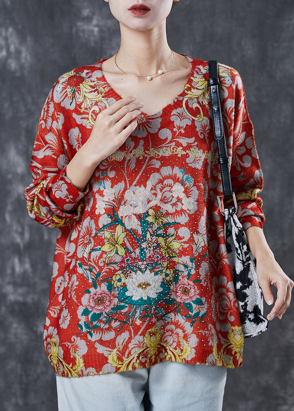 Red Oversized Zircon Knit Sweater Spring