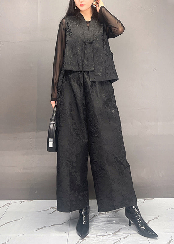 Black Print Asymmetrical Silk Cotton Waistcoat and Wide Leg Pants Two Piece Set Fall
