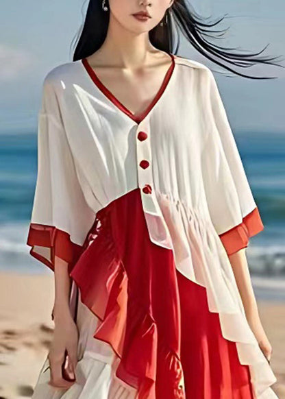 White V Neck Ruffled Patchwork Wrinkled Chiffon Maxi Dress Summer
