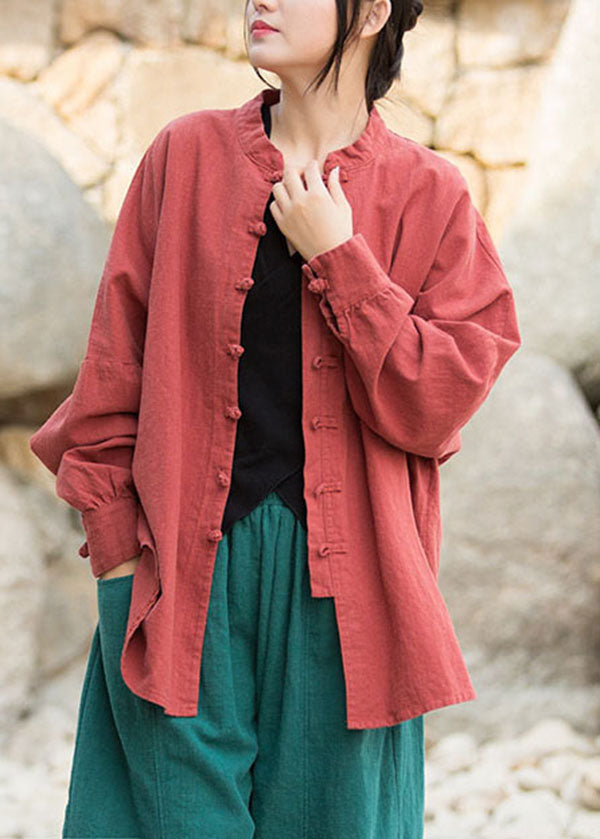 Green Stand Collar Chinese Button Patchwork Cotton Coat Fall