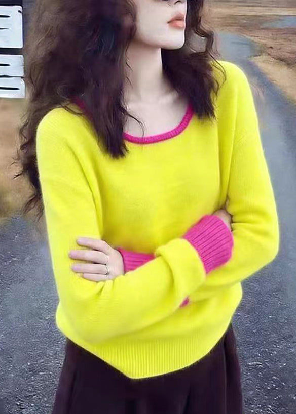 Yellow O-neck Patchwork Cotton Knit Sweater Spring