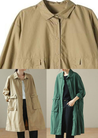 Khaki Peter Pan Collar Mid Trench Coats Long Sleeve