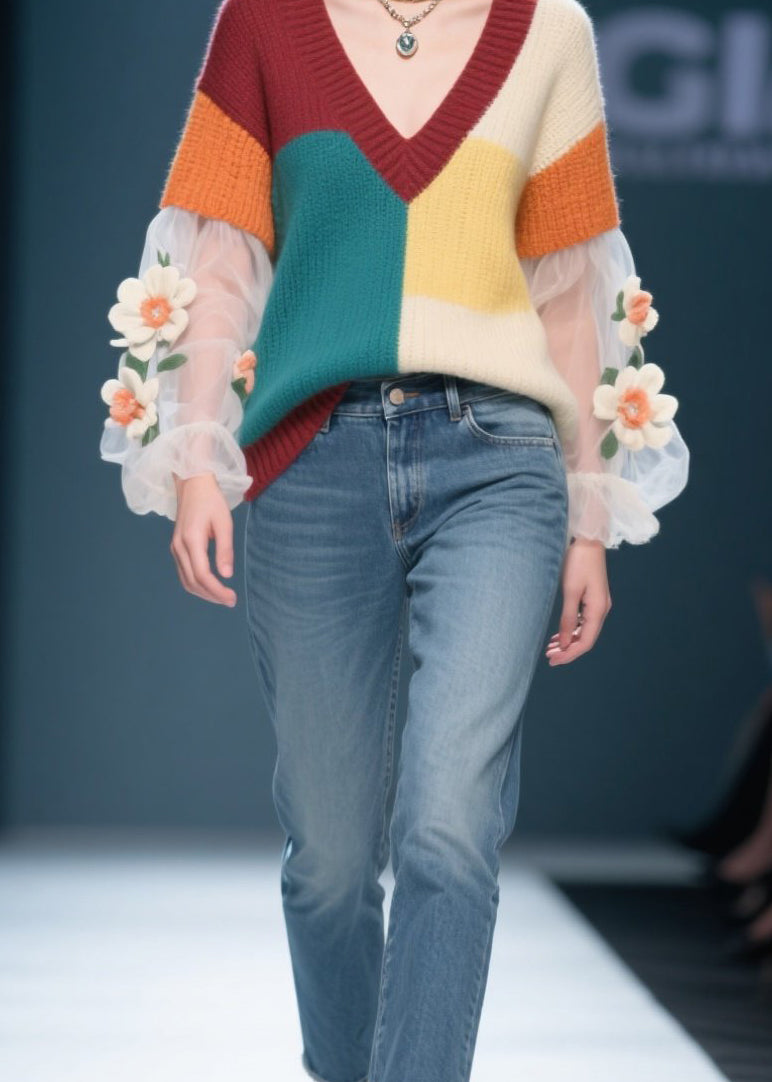 Colorblock Tulle Patchwork Knit Sweater Fall