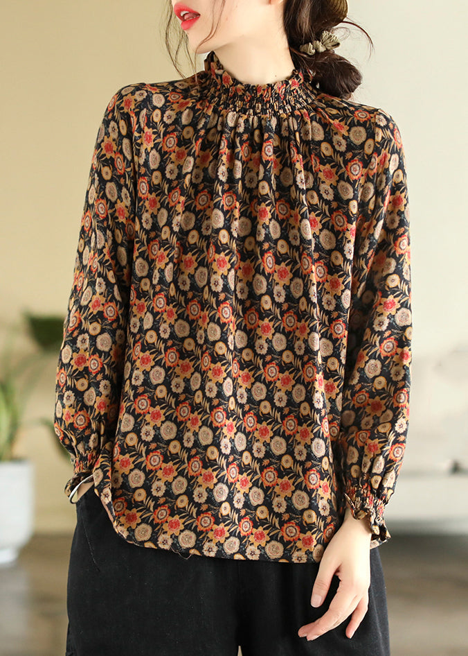 Chinese Style Black Turtleneck Print Shirts Long Sleeve