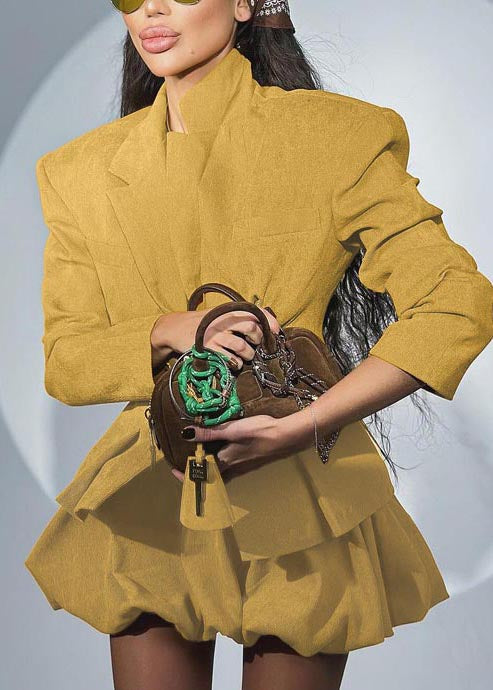 Yellow Silm Fit Cotton Coats and Skirts Sets 2 Pieces Spring
