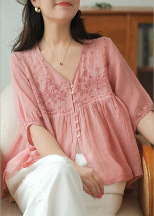 White V Neck Embroideried Patchwork Button Linen Shirt Half Sleeve