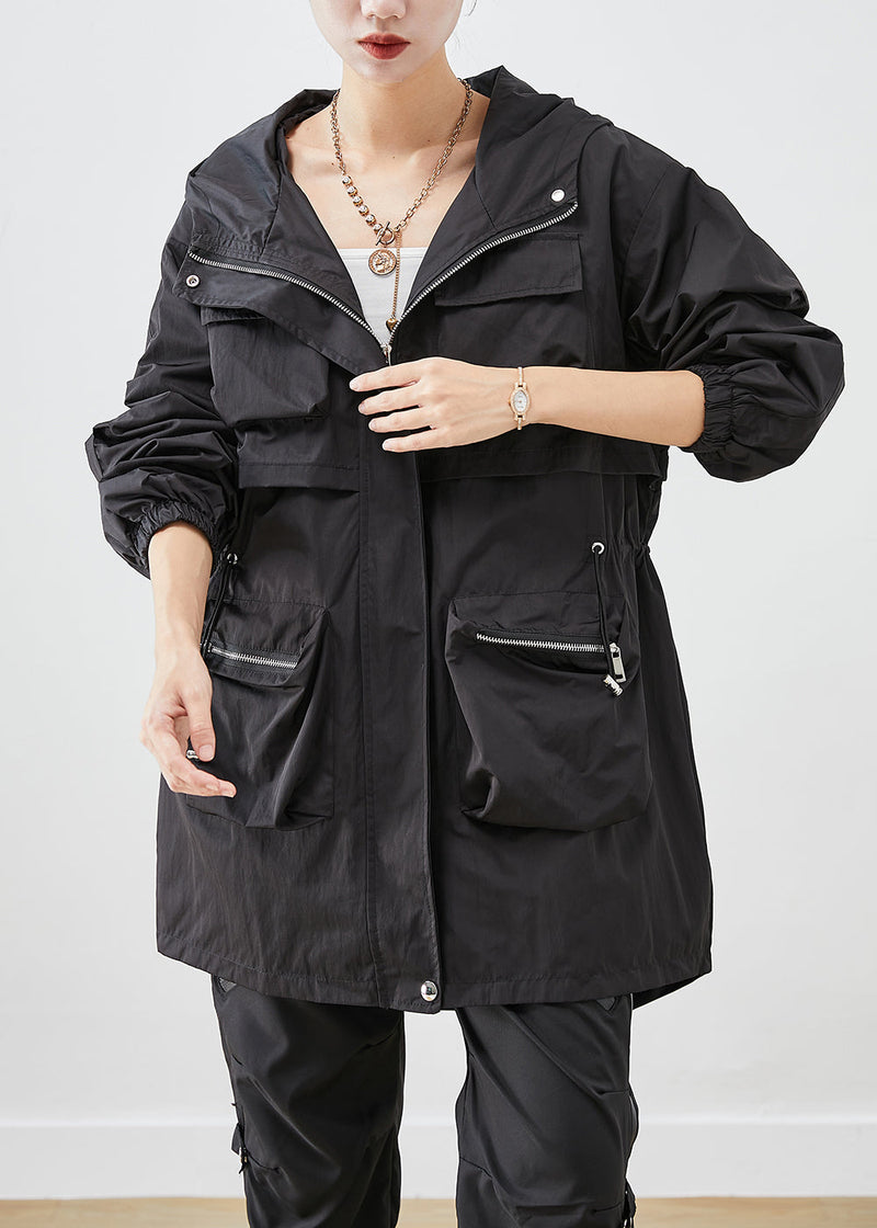 Black Oversized Patchwork Pockets Spandex Coat Fall