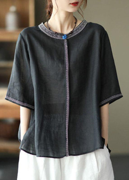 Natural Black O-neck Embroideried Summer Ramie Blouses Half Sleeve