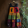 Comstylish Vintage Black Cat Peeking With Floral Patchwork Art Linen Tank Dress