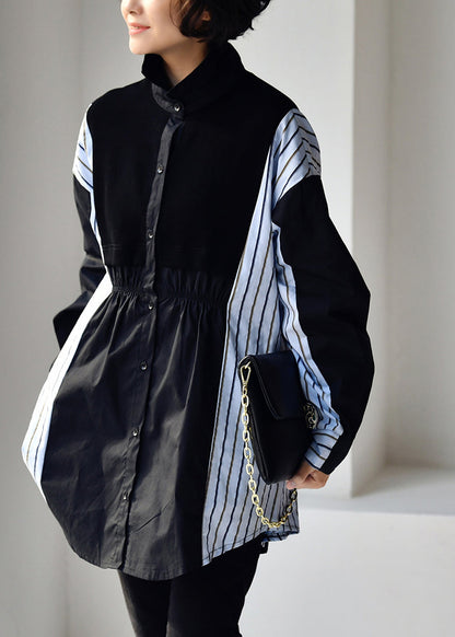Black Peter Pan Collar Wrinkled Striped Patchwork Low High Design Button Cotton Shirt Long Sleeve