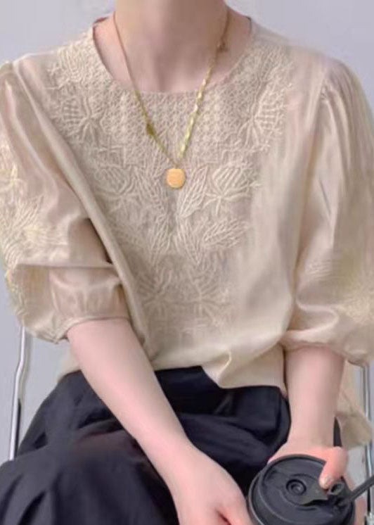 Apricot O-neck Embroideried Silk Top Puff Sleeve