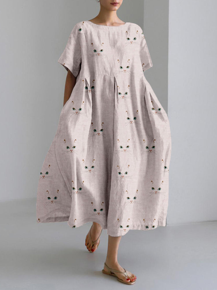 Cute Cat Face Pattern Linen Blend Cozy Maxi Dress elevenforest