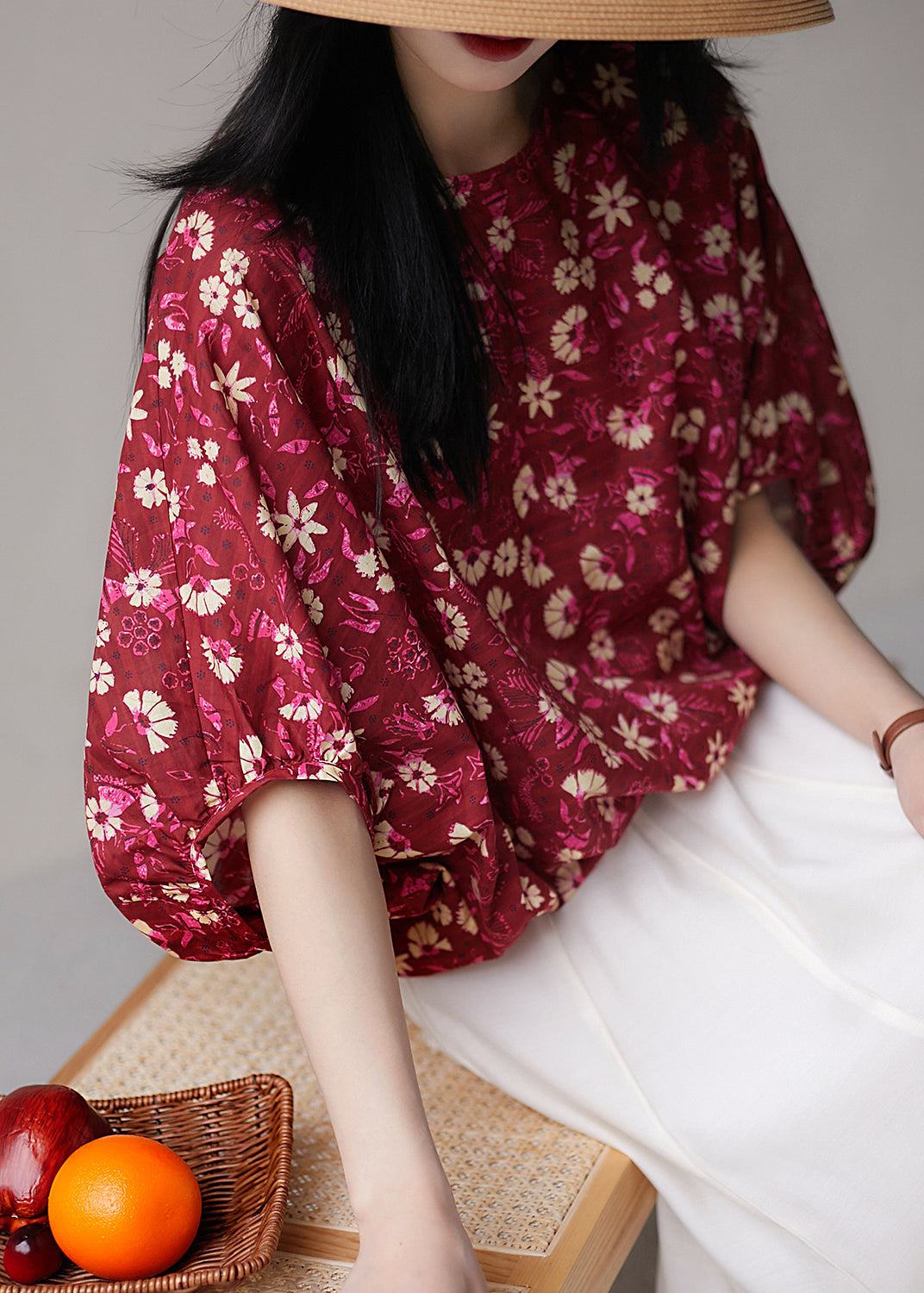 Red Print Lace Up Cotton T Shirt Half Sleeve