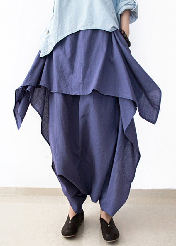 Diy Blue Asymmetrical Design Pockets Linen Pants Skirt Fall