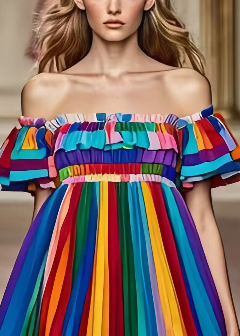 Rainbow Cold Shoulder Striped Chiffon Dress Summer
