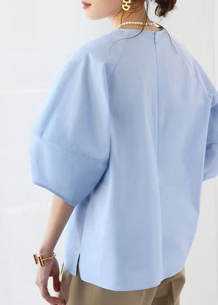 Blue O-neck Puff Sleeve Cotton Tops