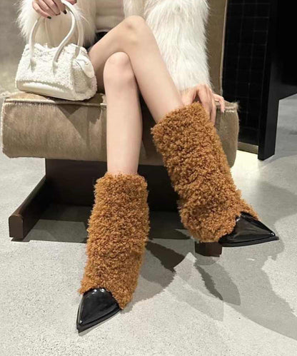 Beige Fuzzy Fur Splicing Heels Boots Pointed Toe