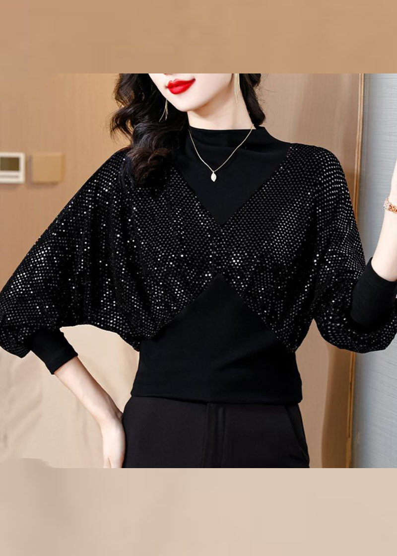 Slim Fit Black O-neck Sequins Patchwork Fake Two Pieces Top Fall